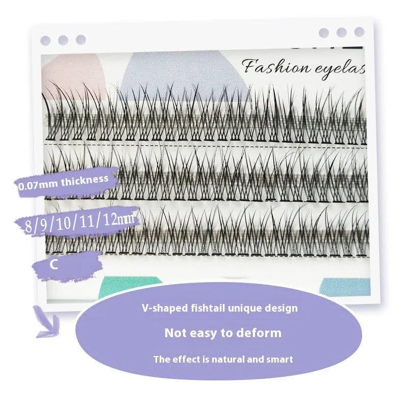Black V-shaped fairy fishtail false eyelashes showing thick segment design with 8mm to 12mm length variations