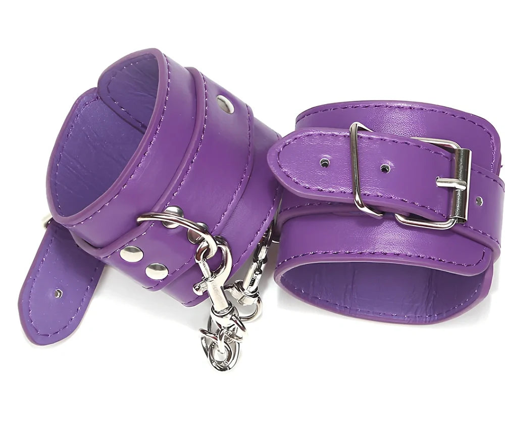 PU leather BDSM handcuffs with adjustable 5-8cm wrist openings and metal buckle