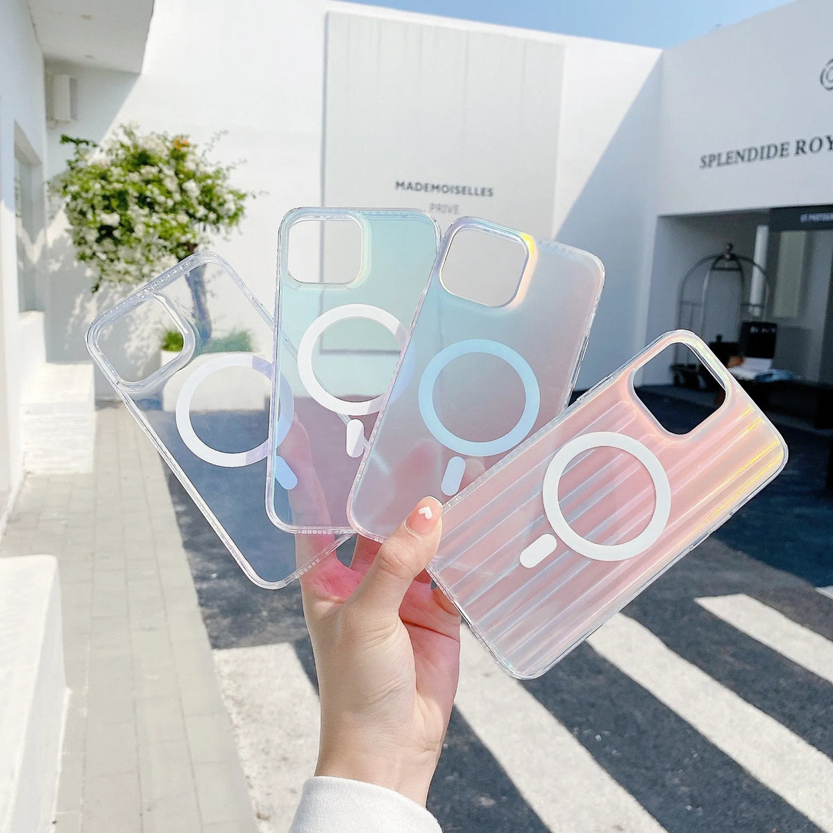 Transparent frosted magnetic iPhone case for iPhone 14 Pro Max, 13 Pro Max, 12 Pro Max, made from TPU and PC with wavy pattern.