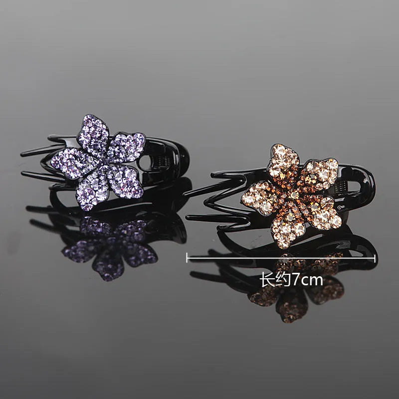 Rhinestone flower three-jaw clamp hair barrette in blue black grey for back-head styling