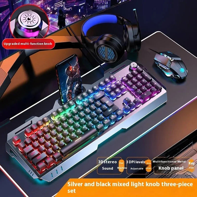 Aluminium alloy mechanical gaming keyboard with rainbow lighting, shown with a macro mouse and gaming headset.