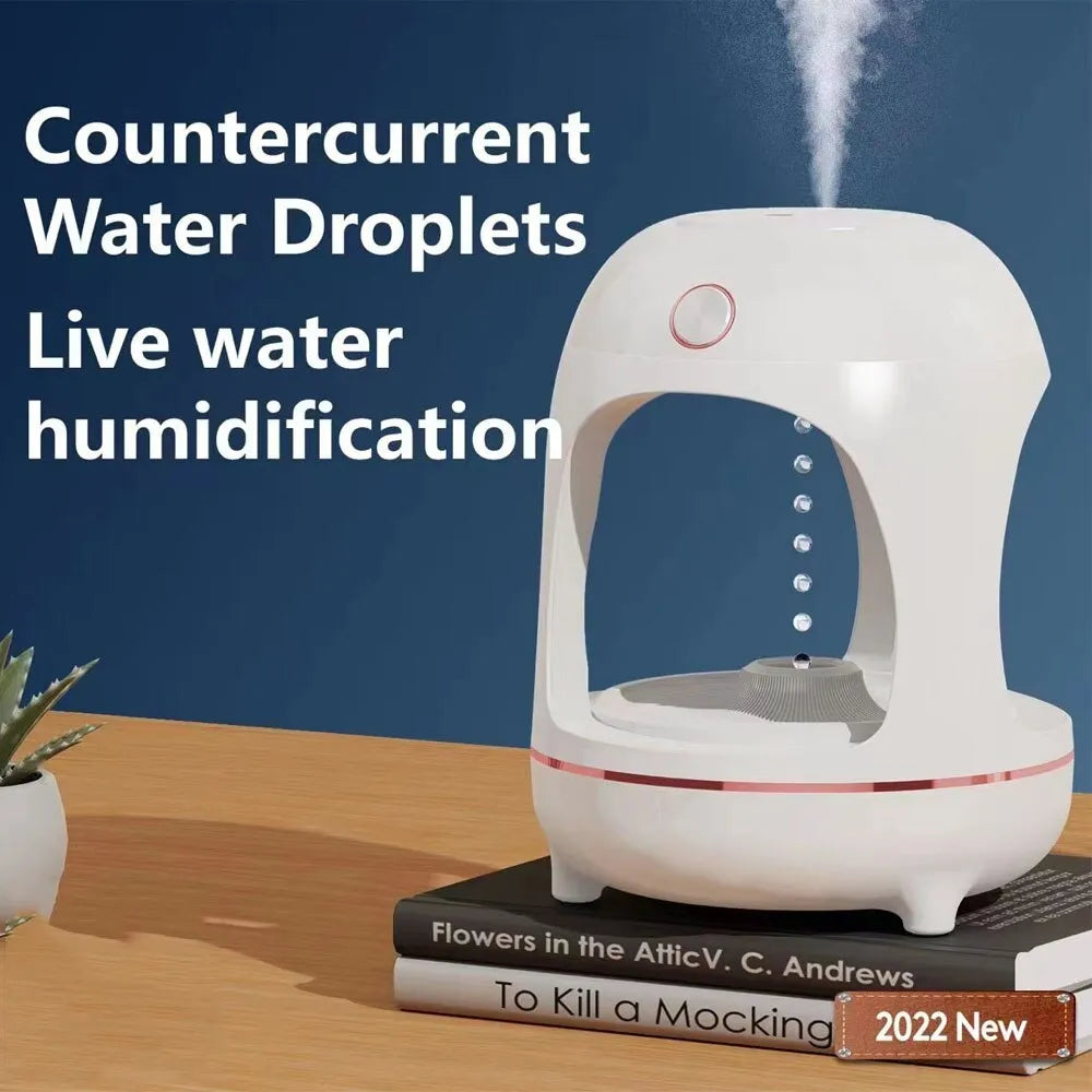 Anti gravity levitating water drops humidifier in columnar shape with LED night light and ultrasonic mist output