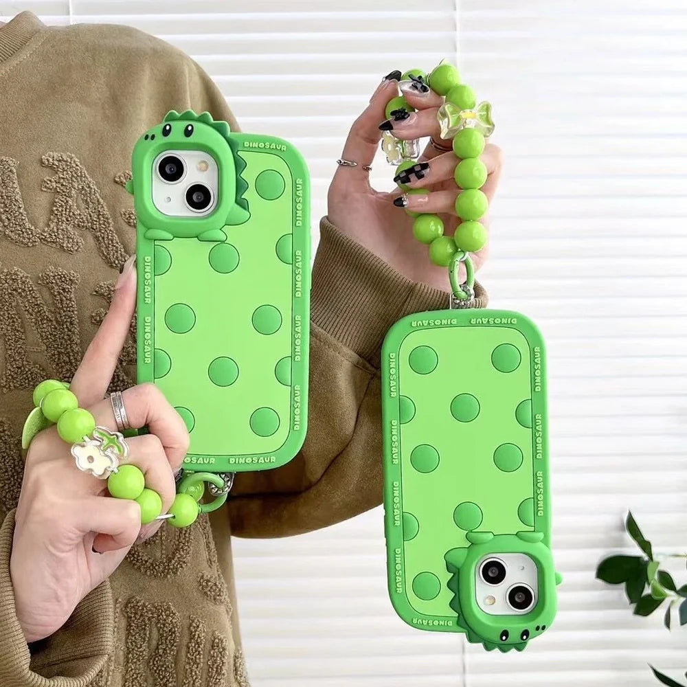 Green polka dot dinosaur pattern silicone phone case for iPhone with raised protective edges