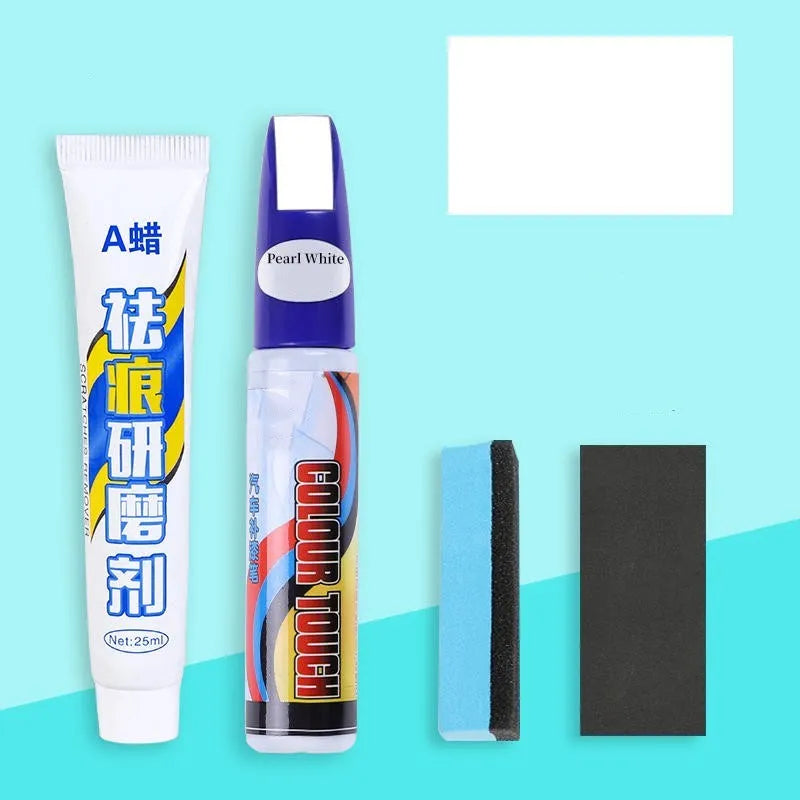 Automotive paint repair pen kit with touch-up fluid, wax, sponge, and sandpaper for car scratch repair