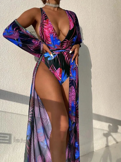 Women's three-piece polyester swimsuit set with one-piece swimsuit and matching cover-up in a pattern design.