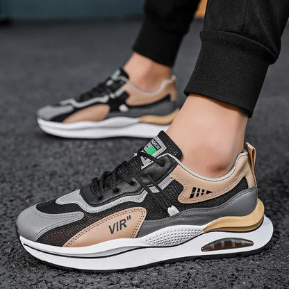 Men's gray and black mesh running shoes with EVA sole and round toe design