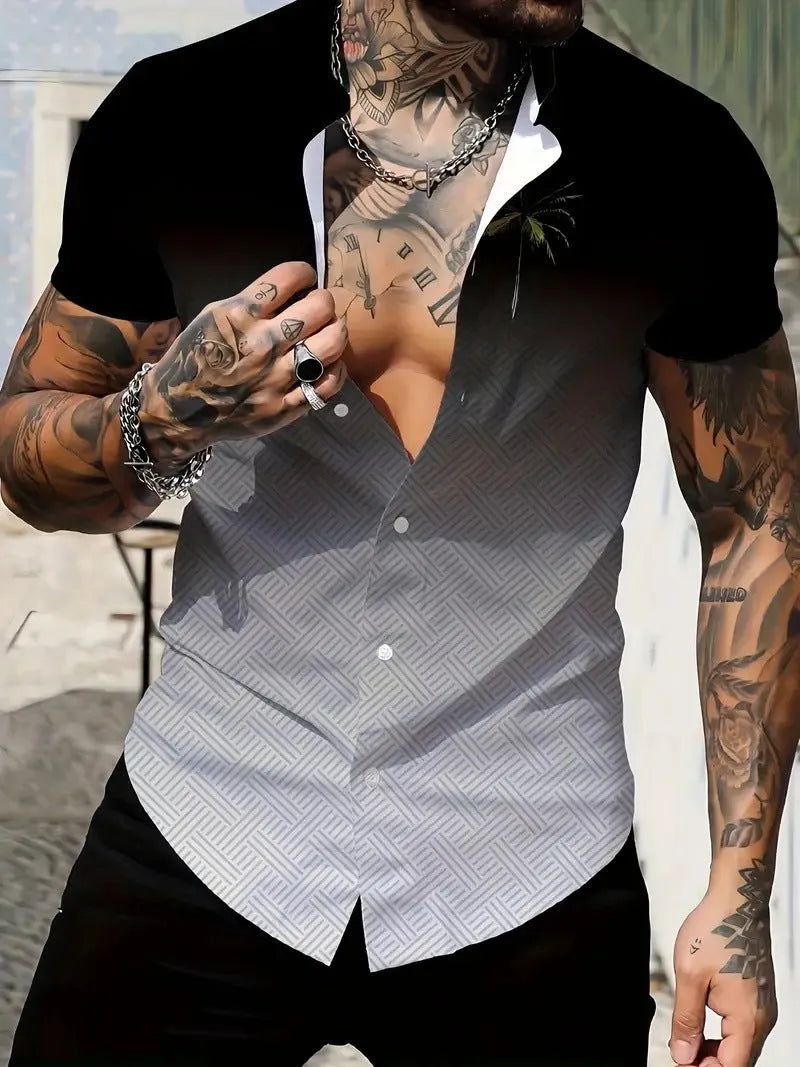 Men's geometric line printed short sleeve shirt with lapel collar in slim fit styling