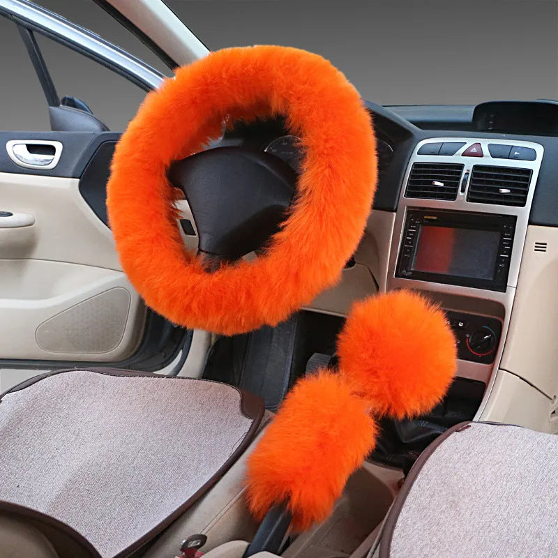 Wool steering wheel cover and handle cover set for car interiors