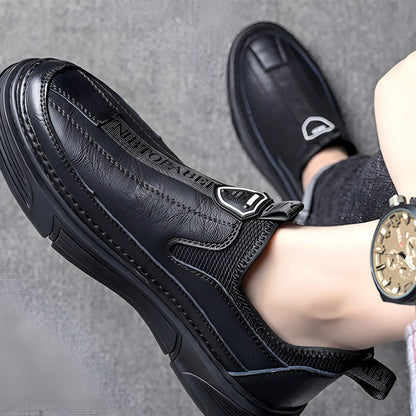 Men's black and brown leather casual shoes with round toe design