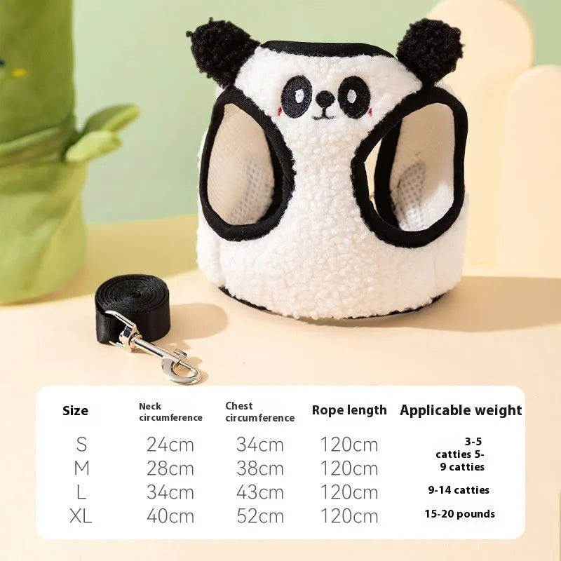 Lambswool animal-shaped dog lead and chest harness set with hand-holding rope in panda and bear designs