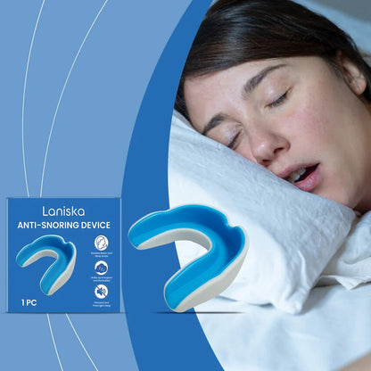 Medical-grade silicone anti-snoring device showing nasal placement for breathing support