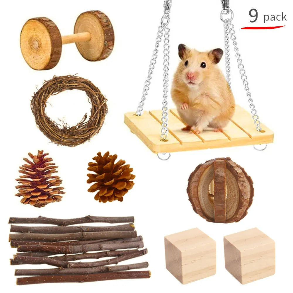 Assorted natural wooden chew toys for small pets including balls, rings, and mats on a plain background.