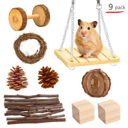 Assorted natural wooden chew toys for small pets including balls, rings, and mats on a plain background.