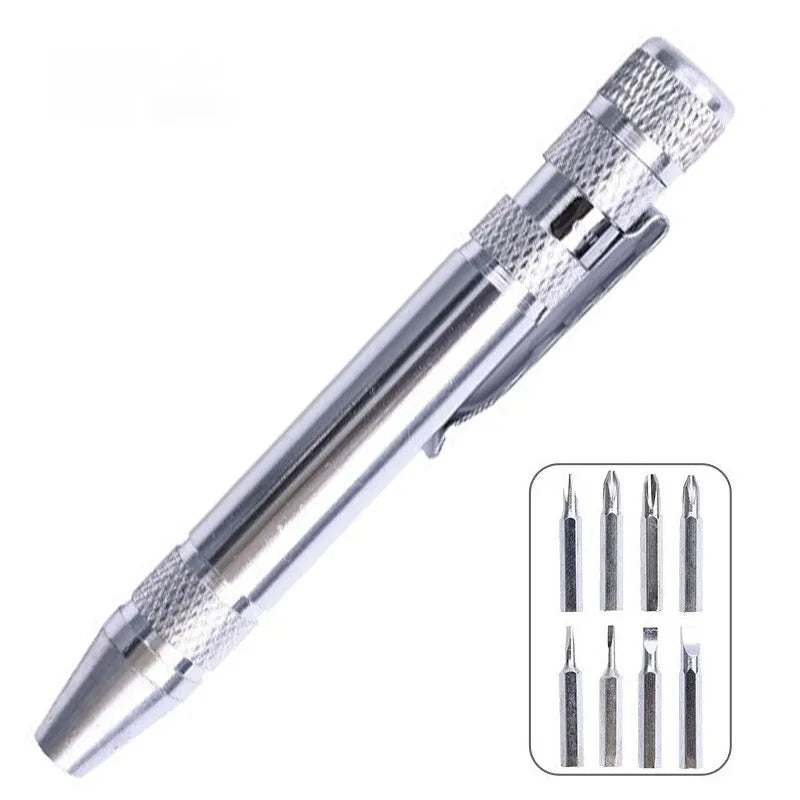8-in-1 pen-type screwdriver set with aluminium handle and multiple coloured options on a white background.