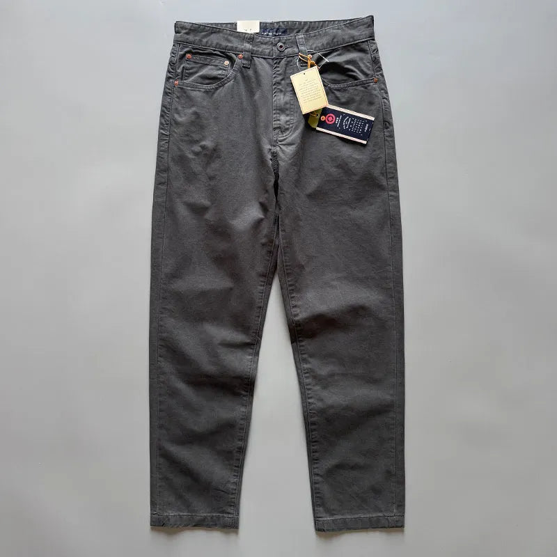 Men's straight-leg cotton trousers in grey, army green, or khaki with mid waist