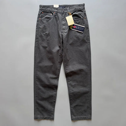 Men's straight-leg cotton trousers in grey, army green, or khaki with mid waist