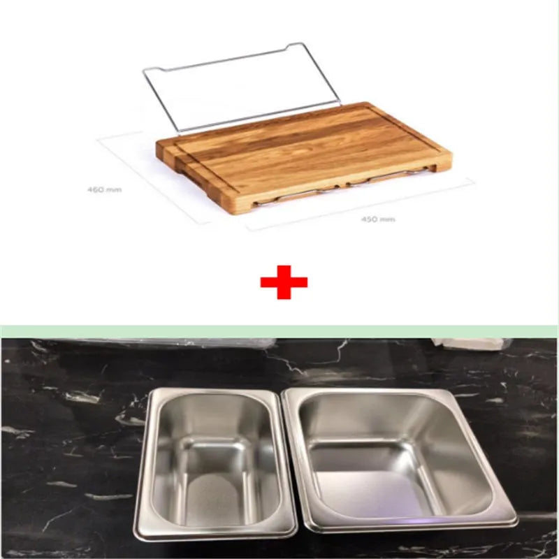 Bamboo cutting board with smooth surface alongside two large and three small plastic storage trays for vegetables and meat.