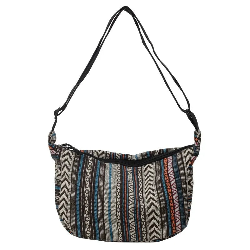 Women's ethnic style canvas crossbody dumpling bag in multiple colours with decorative sewing thread details