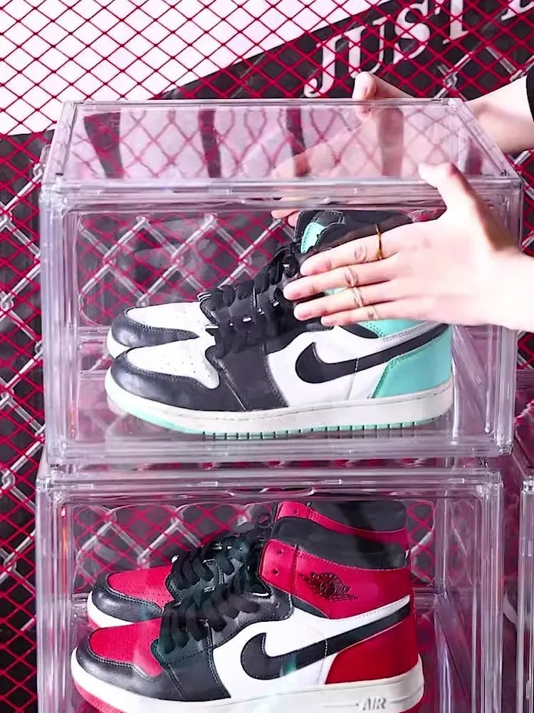 Large transparent acrylic shoe storage box with magnetic side door lid for footwear organisation