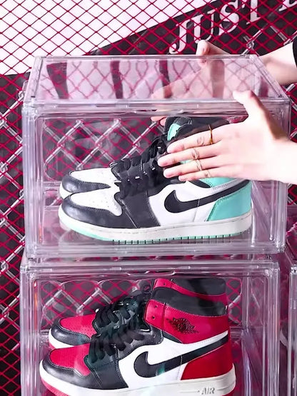 Large transparent acrylic shoe storage box with magnetic side door lid for footwear organisation