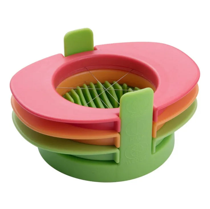 Three-function manual egg cutter in blue with stackable design for kitchen use