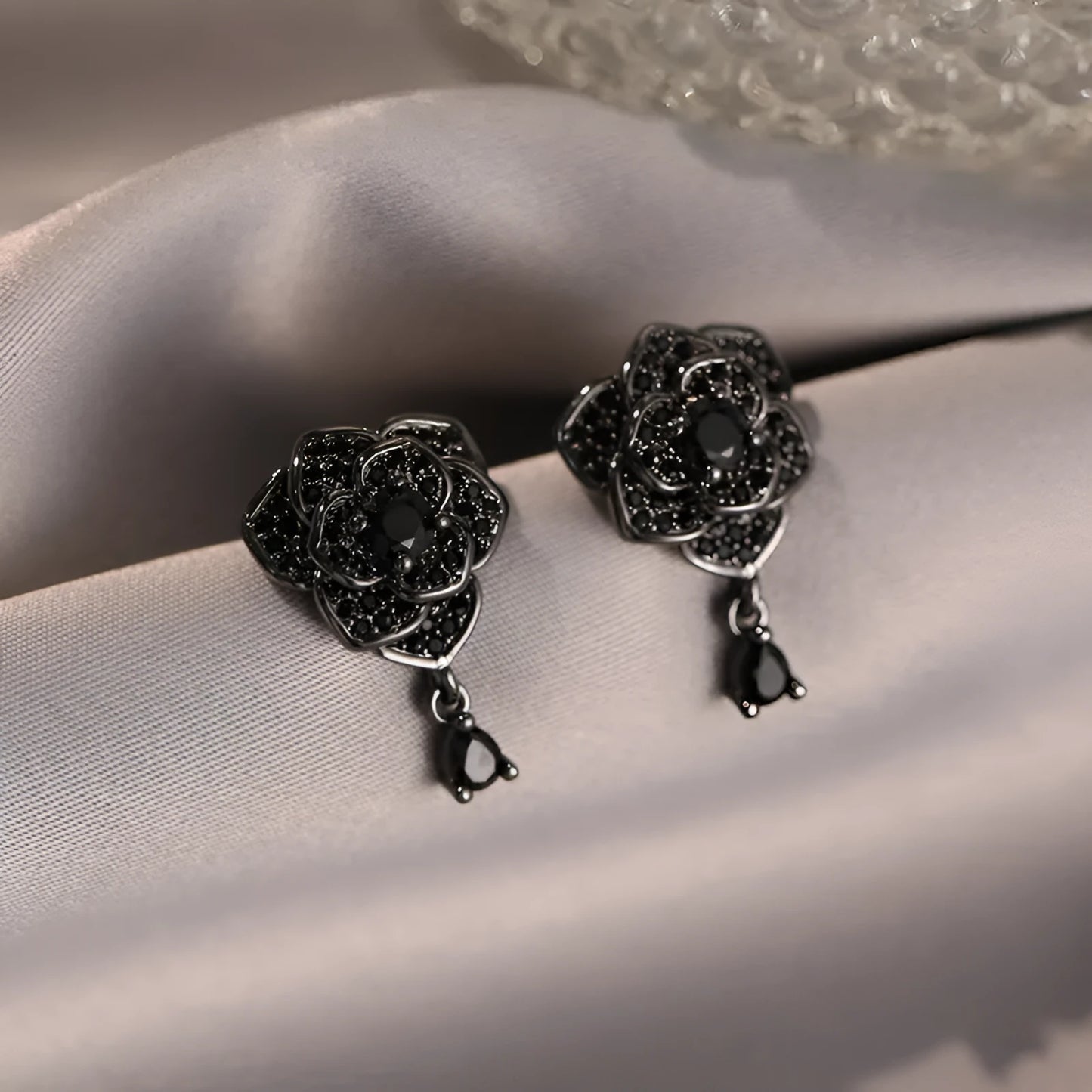 Black rose zircon flower stud earrings for women with 18K gold electroplating