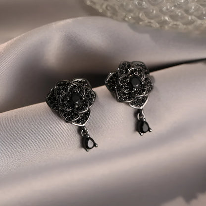 Black rose zircon flower stud earrings for women with 18K gold electroplating
