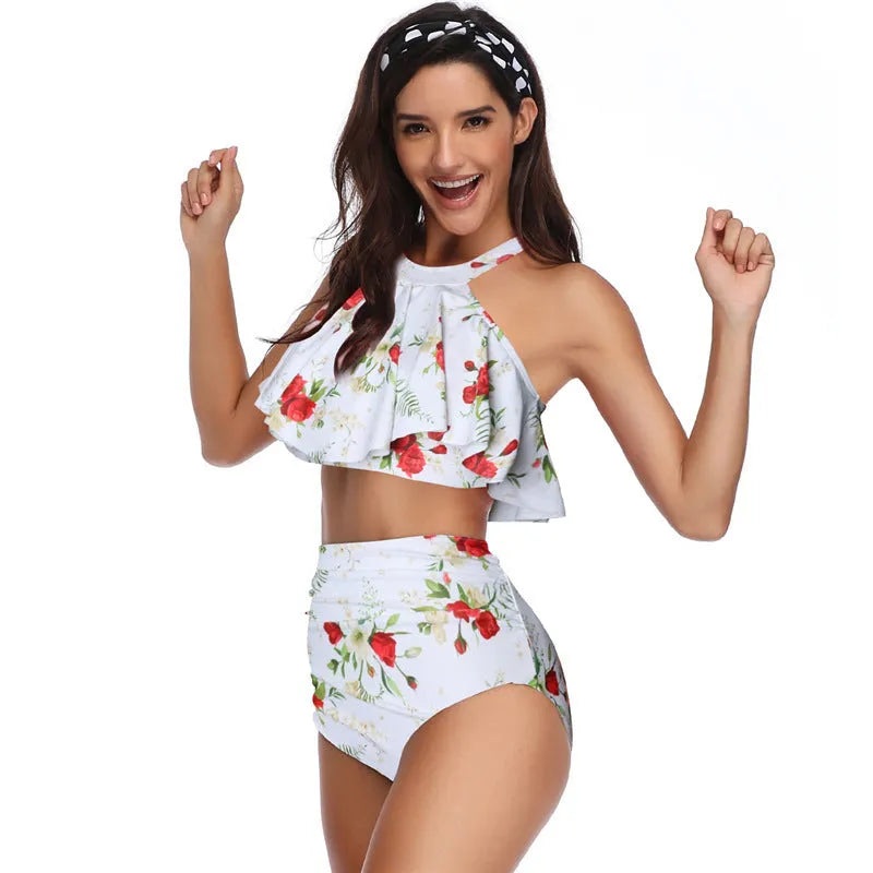 Nylon one-piece swimsuit with chest pad, available in flower, orange, and red, adult and child sizes.
