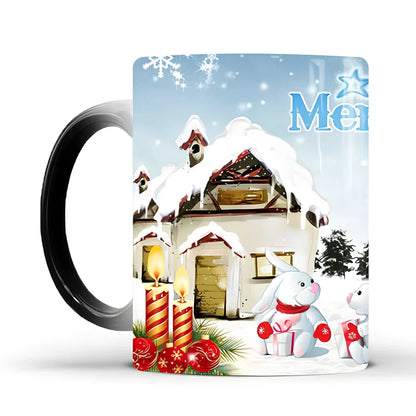 Christmas magic mug showing colour transformation from black to festive patterns when filled with hot liquid