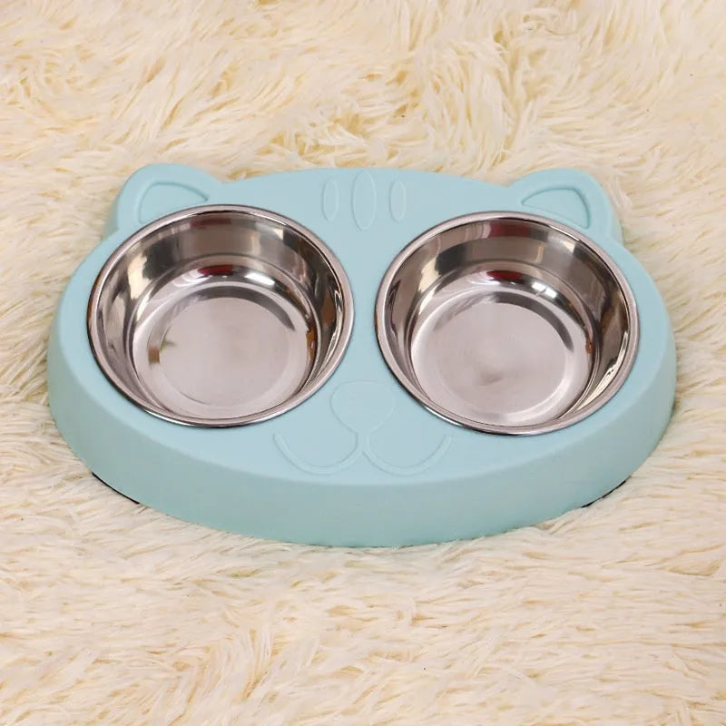 Stainless steel cat face bowl for cats in blue, green, or pink, single pet tableware bowl