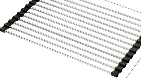 Folding stainless steel kitchen drain rack with coloured plastic tubes, shown open for use.