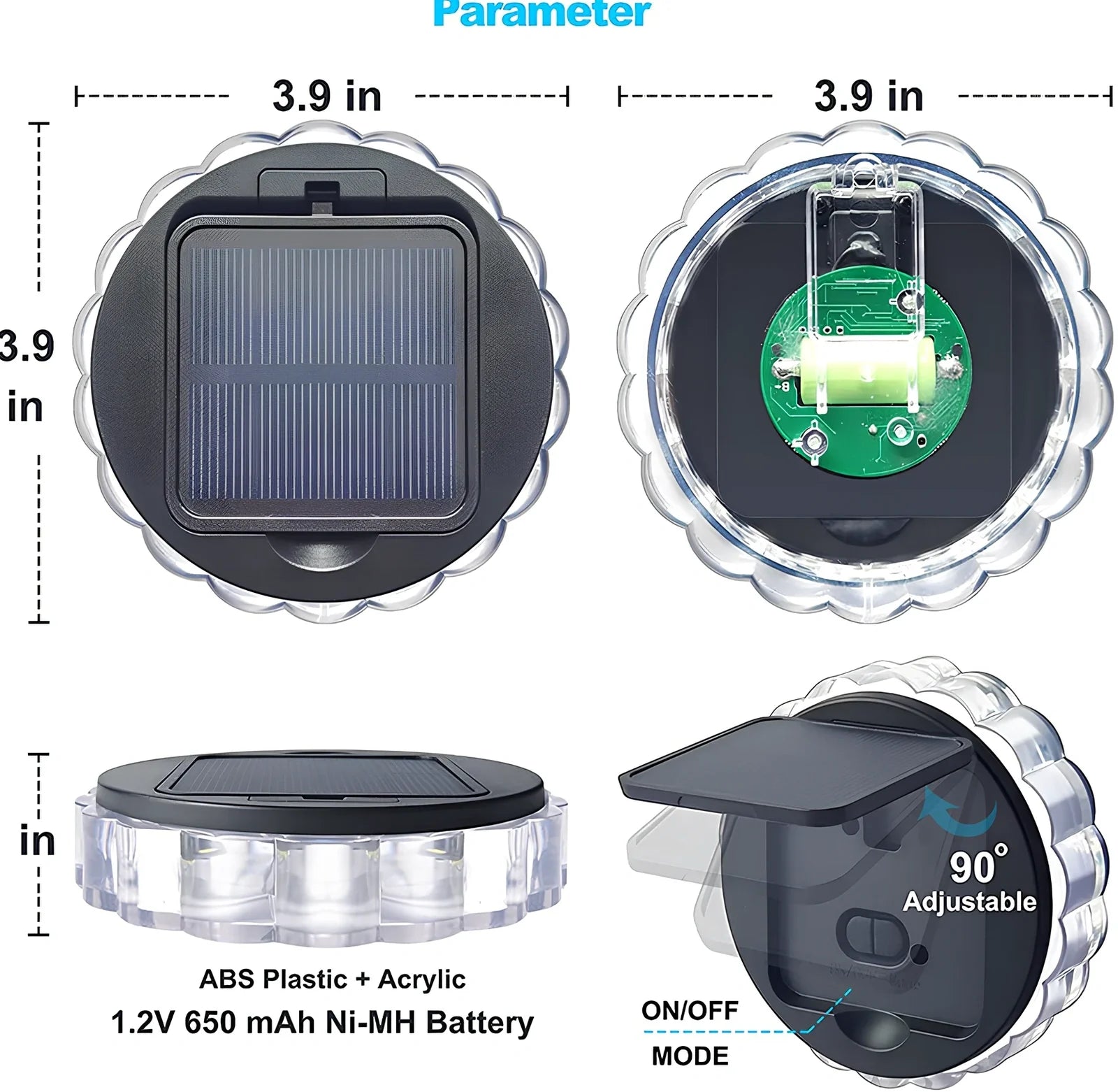 Circular solar garden wall light with 9 LED bulbs and intelligent light control for outdoor fencing