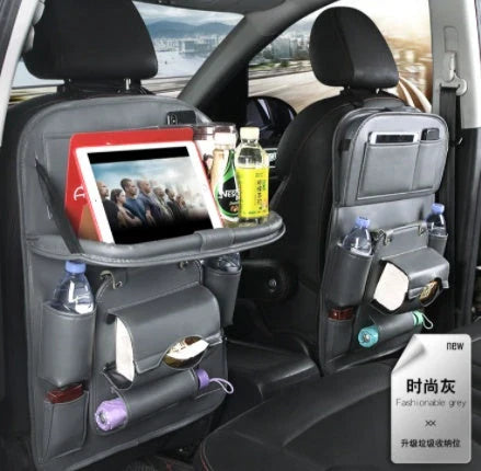 Multifunctional car organizer bag made of premium PU leather with various compartments and a built-in trash can feature