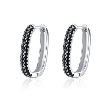 Pair of black zircon earrings with a U-shaped design, showcasing the elegant French-inspired style and high-quality copper construction.