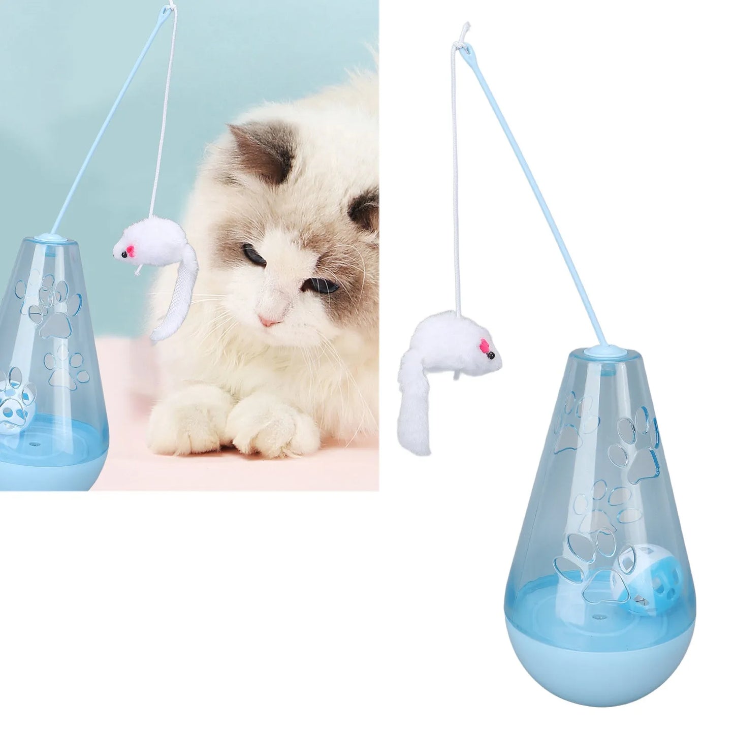 Blue and yellow cat toy with bell ball and plush mouse wand for indoor play