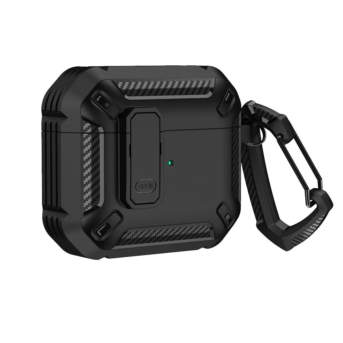 Hard plastic clamshell case for AirPods with a carabiner hook attached, shown in a black and yellow two-tone colour.