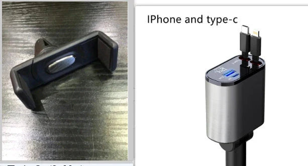High-Speed 100W Car Charger with USB and Type-C Ports - Premium Metal Design, Fast Charging, Retractable Cable