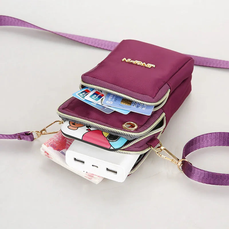 Nylon small crossbody shoulder bag with 3-layer zipper, card slot, square vertical shape, letter pattern, in red, dark blue, black or dark purple.