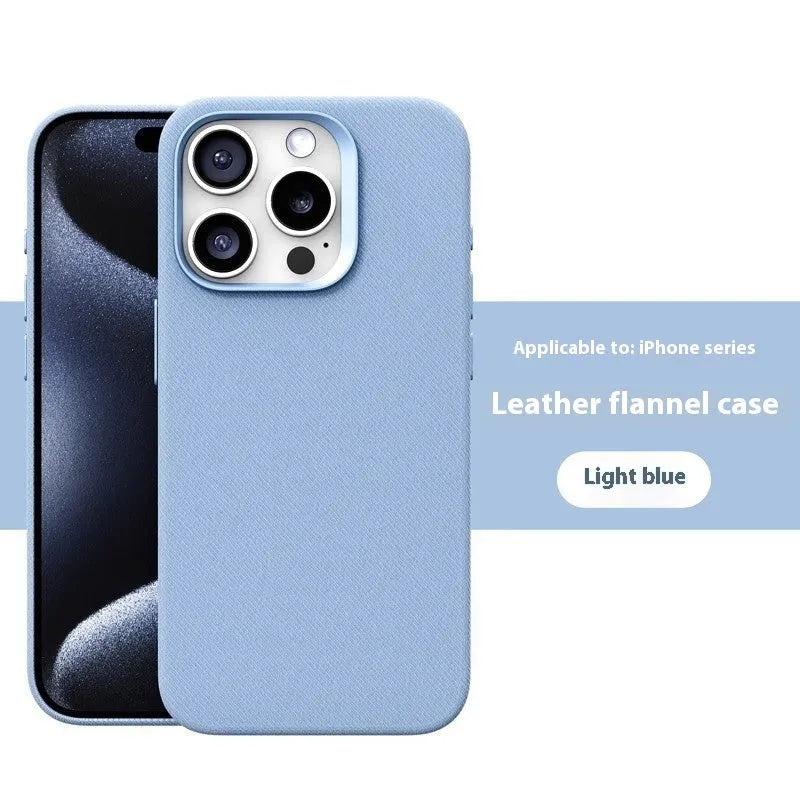Leather flannel magnetic phone case for iPhone in silver gray, light blue, black, dark purple, bean green, fir green, orange, dark blue with frosted finish