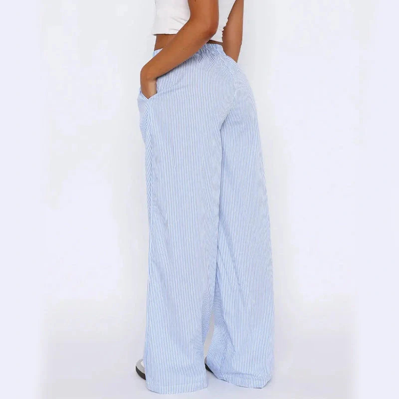 Stylish women's striped high waist wide leg trousers with pockets in various colors