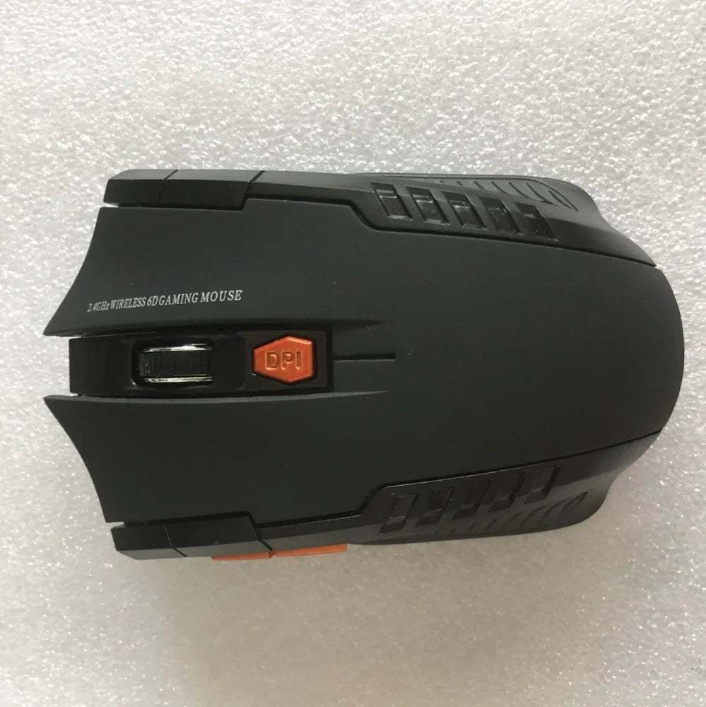Black wireless computer mouse with six buttons and USB receiver, 100-120mm size