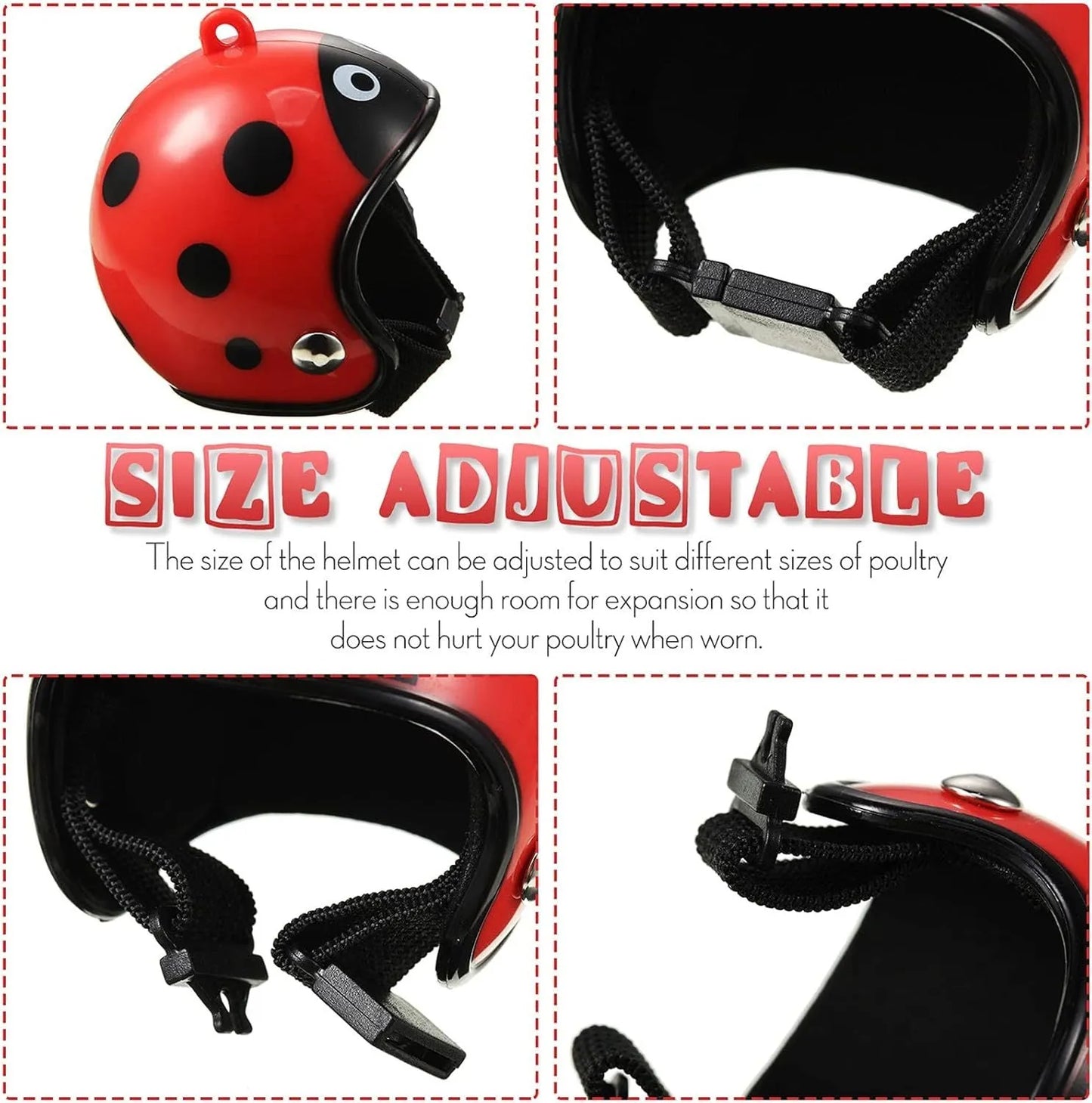 Small hard plastic helmet with elastic straps and sponge lining, designed for a chicken or bird to wear.