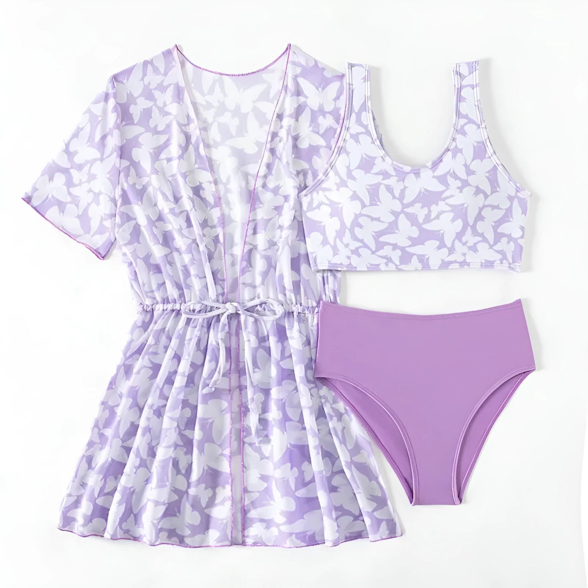 Three-piece girls swimsuit cover-up set in polyester with vest and pants for ages 8-12