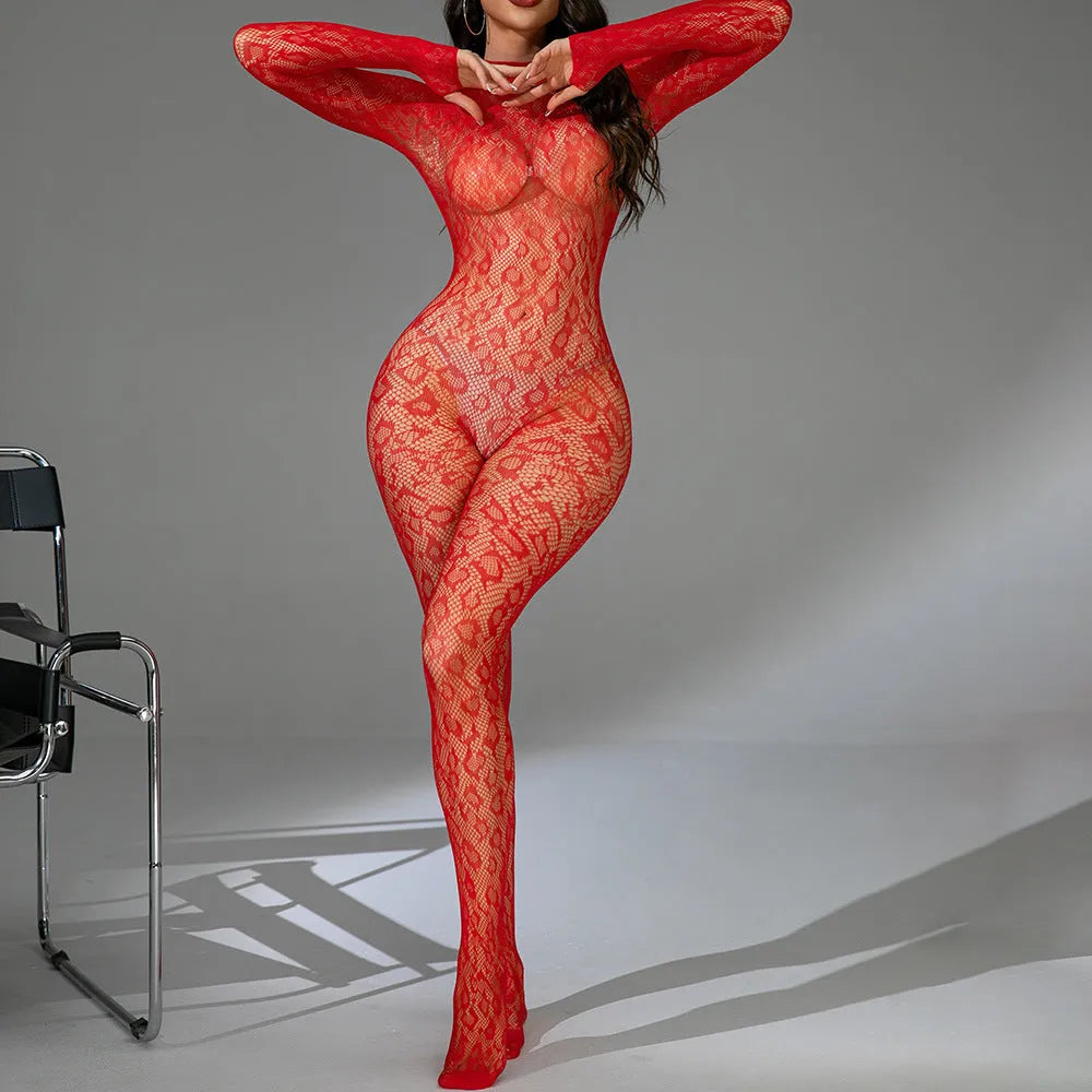 Black women's one-piece lingerie with long fishnet sleeves and a backless jacquard pattern.