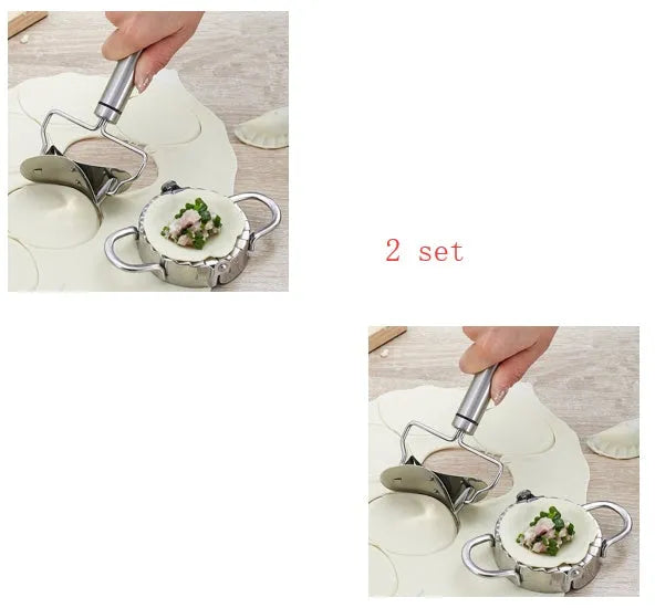 Stainless steel dumpling mould and rectangular dough cutter on a kitchen surface.