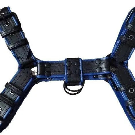 Blue and black leather party shoulder strap with metal buckle rivet and adjustable binding