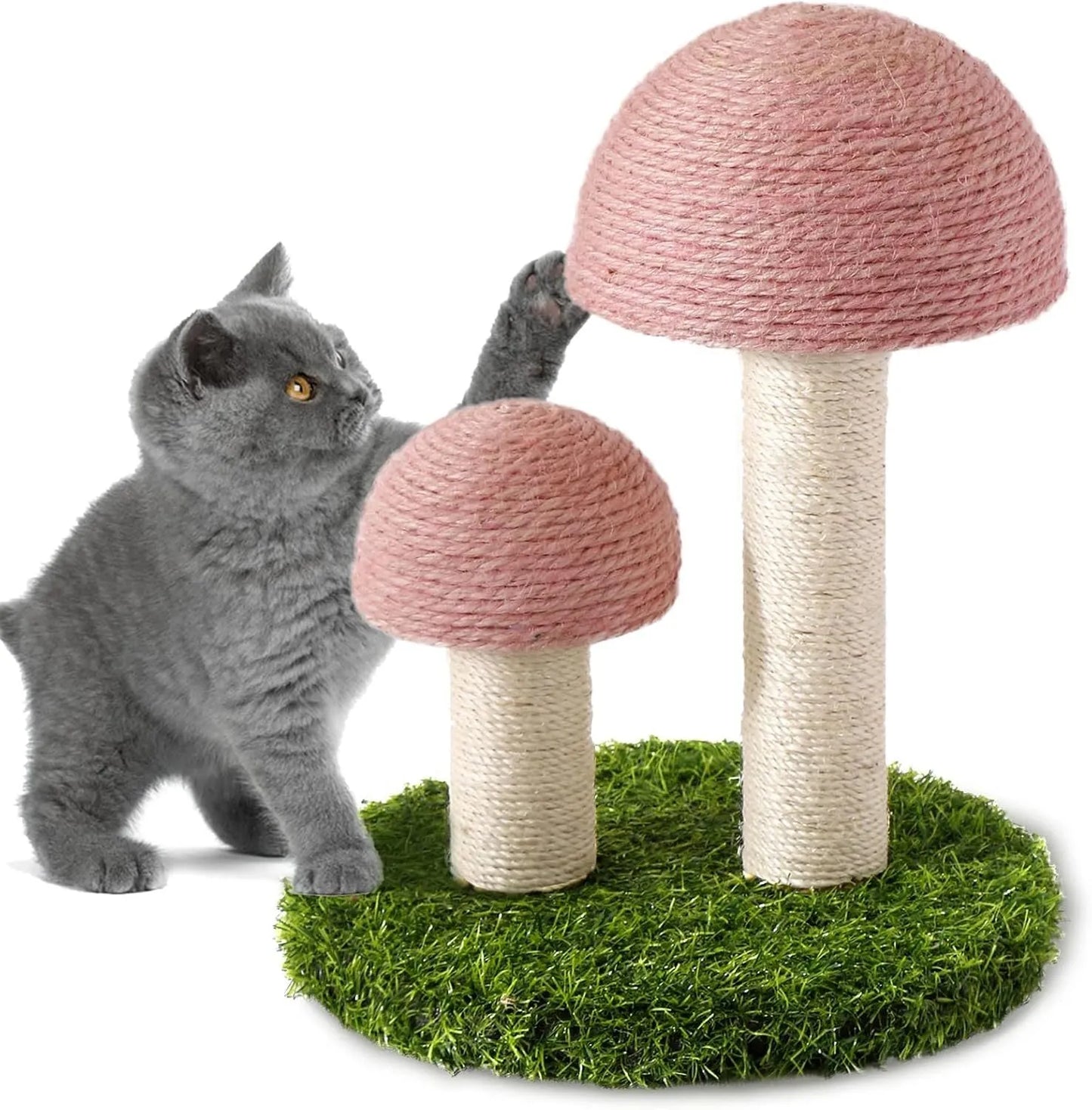 Pink mushroom-shaped cat scratching post with natural sisal caps and pole for small cats.