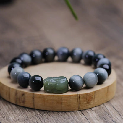 Black Hetian jade and Eagle Eye Stone Pixiu bracelet with 10mm beads