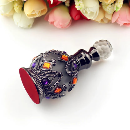 Arabic style glass perfume bottle with zinc alloy hardware and electroplated finish in choice of colours