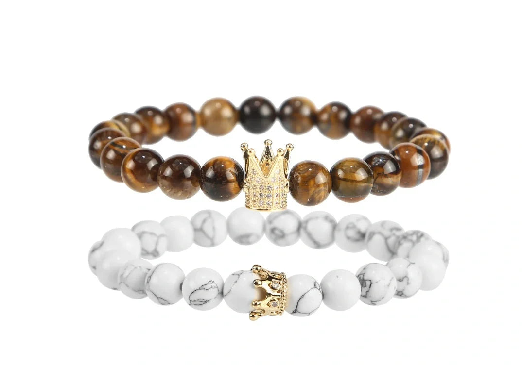 Micro inlaid zircon crown bracelet with volcanic stone and white turquoise, handmade jewellery piece